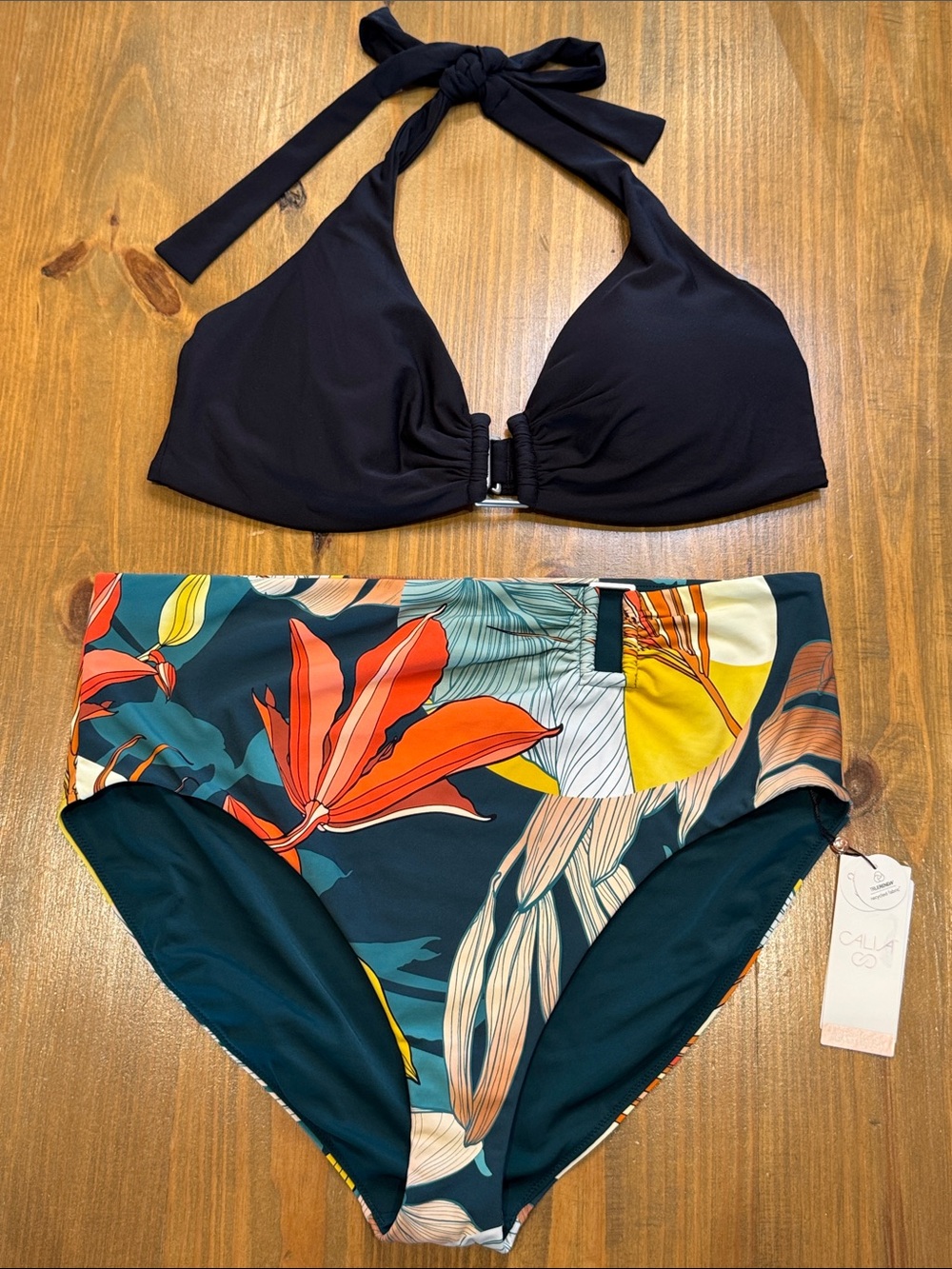 CALIA Black Halter Top & Botanical Print Sea Green rectangle high rise bottoms